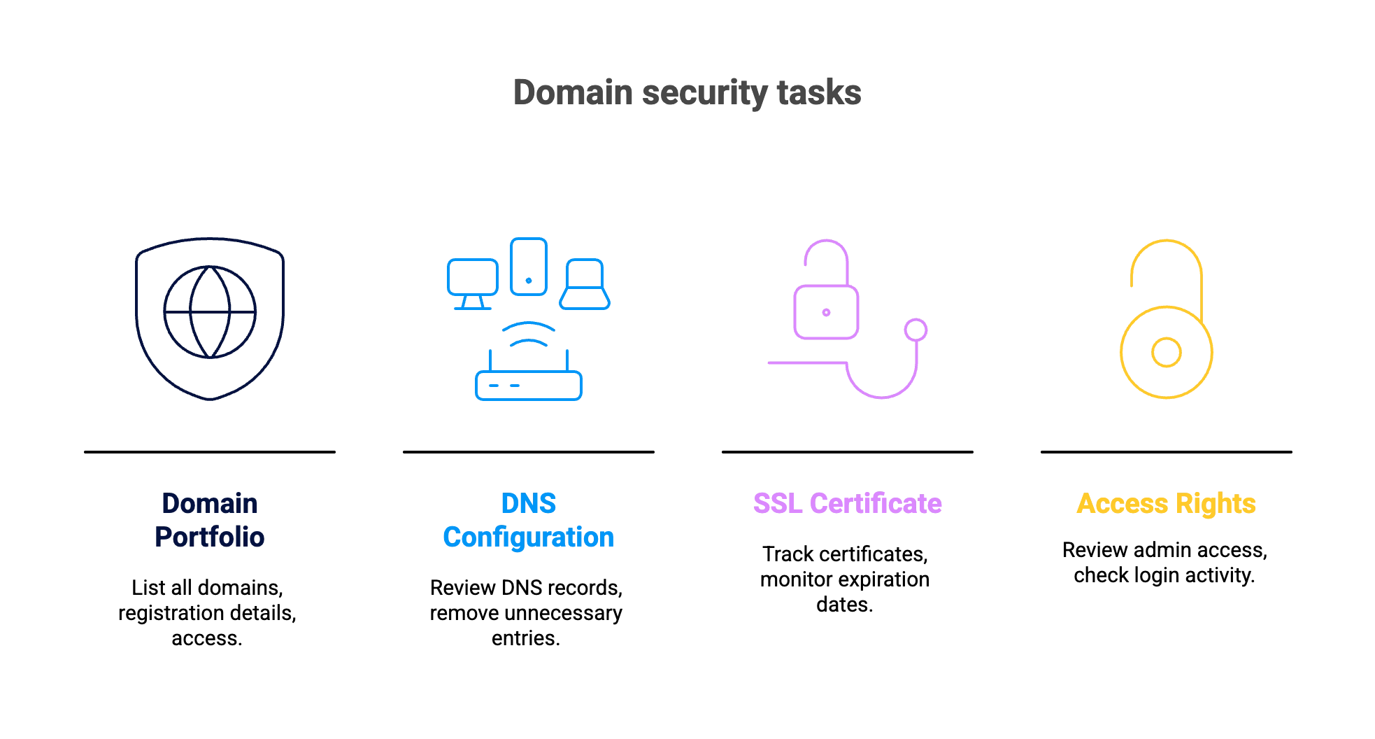 Visual overview of domain security guide tasks, including managing the domain portfolio, configuring DNS settings, tracking SSL certificate expiration, and reviewing admin access rights.