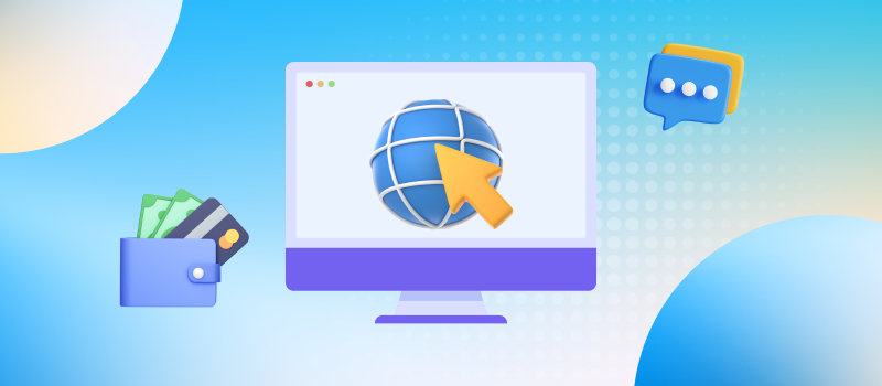 3D illustration of a computer monitor with a globe and cursor icon, wallet with cash and credit cards, and chat bubbles — representing cost, communication, and selection — for best domain monitoring tools compared.