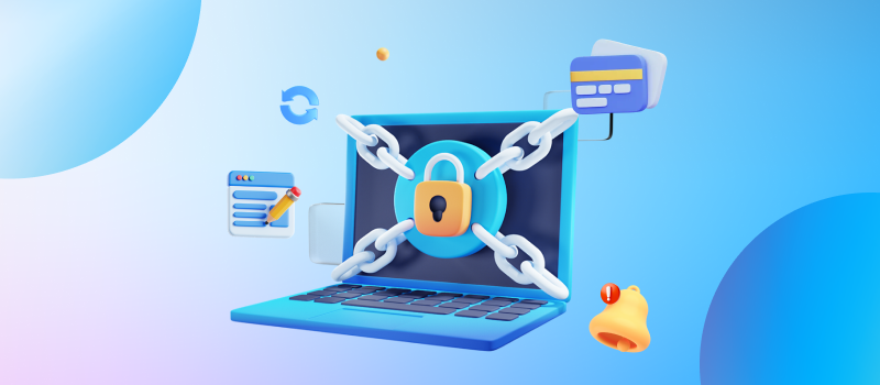 3D illustration of a laptop with a large padlock and chains on the screen, surrounded by icons for notifications, calendar reminders, and payment — symbolizing setting up automatic renewal, alerts, and multi-year domain registrations for security and continuity.
