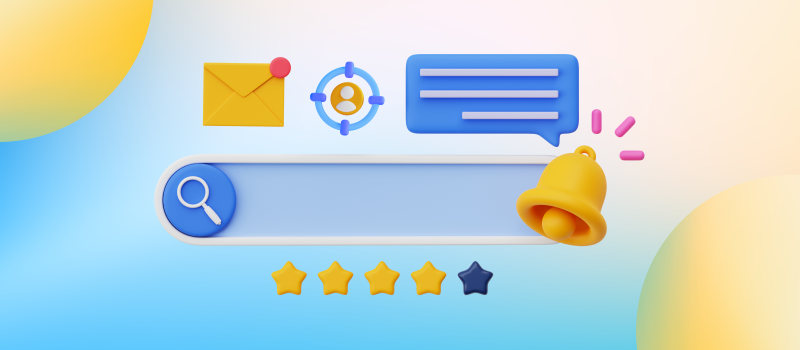 3D illustration showing search bar, notification bell, message icon, email icon, target icon, and 4.5-star rating — representing communication, alerts, and reputation — related to why domain expiration matters for your business.