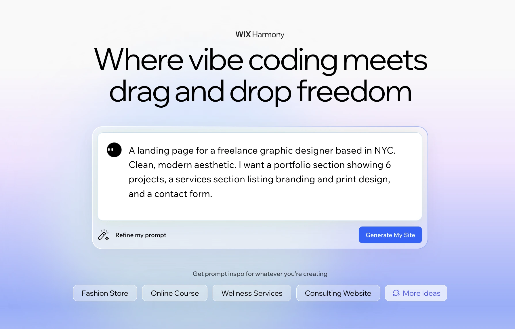 Wix Harmony AI website builder prompting users to describe their business and website requirements to generate a custom site.