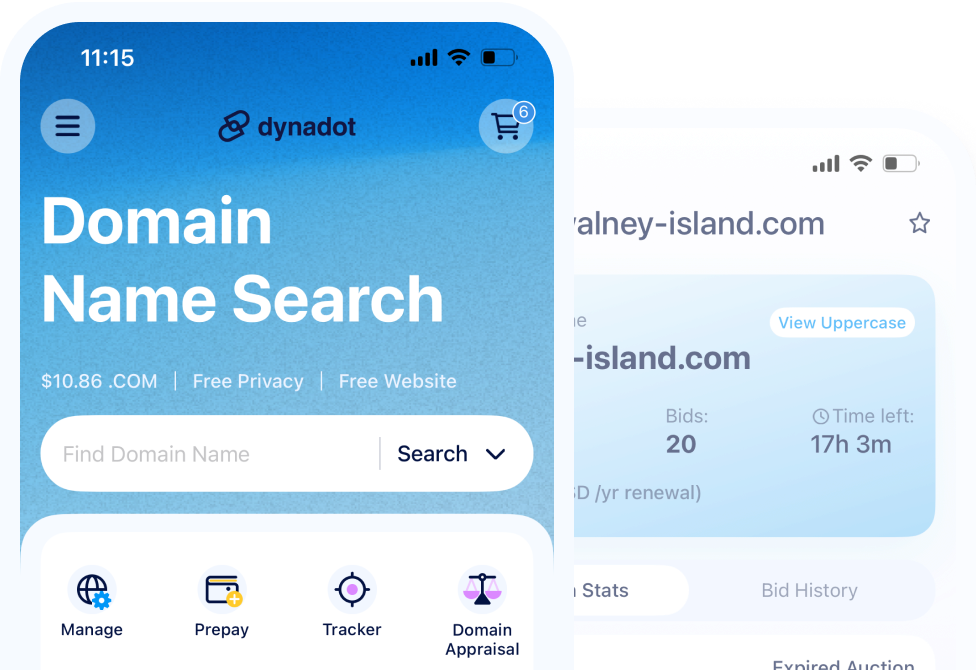 two smartphones displaying Dynadot app domain search and the Dynadot aftermarket