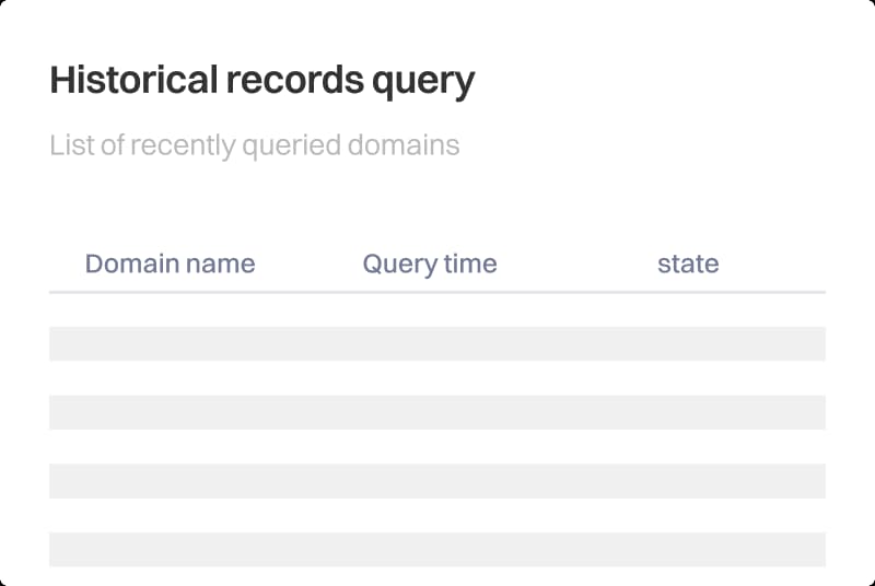 Grafik UI sederhana berjudul “Historical records query” yang menampilkan tabel kosong dengan header kolom Domain name, Query time, dan state, mewakili daftar domain yang baru saja dicari dalam riwayat atau log query WHOIS.