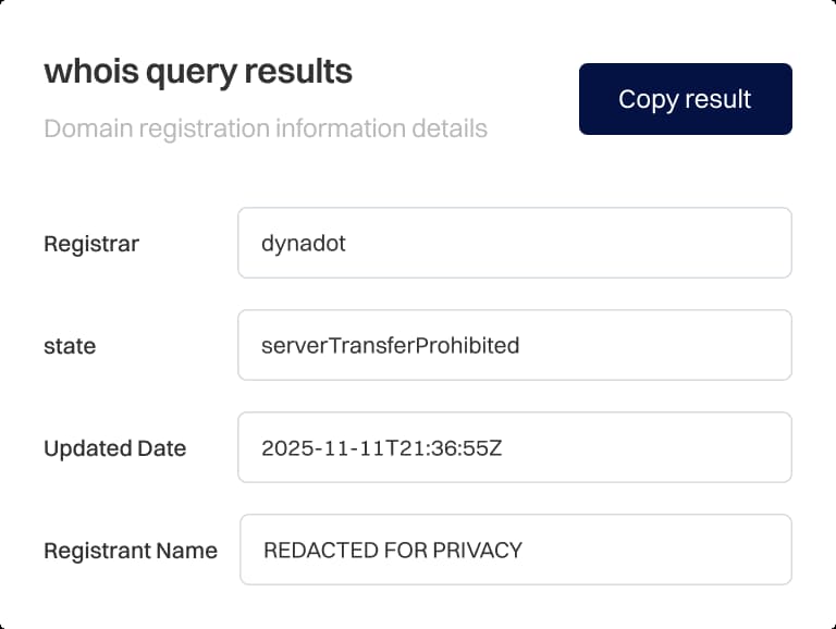 Grafik hasil pencarian WHOIS yang menampilkan detail pendaftaran domain dalam tata letak tabel dengan judul seperti Nama Domain, Registrar, Pemilik, Diperbarui, Dibuat, dan Kedaluwarsa—mengilustrasikan bagaimana WHOIS menampilkan informasi catatan domain utama setelah pencarian.