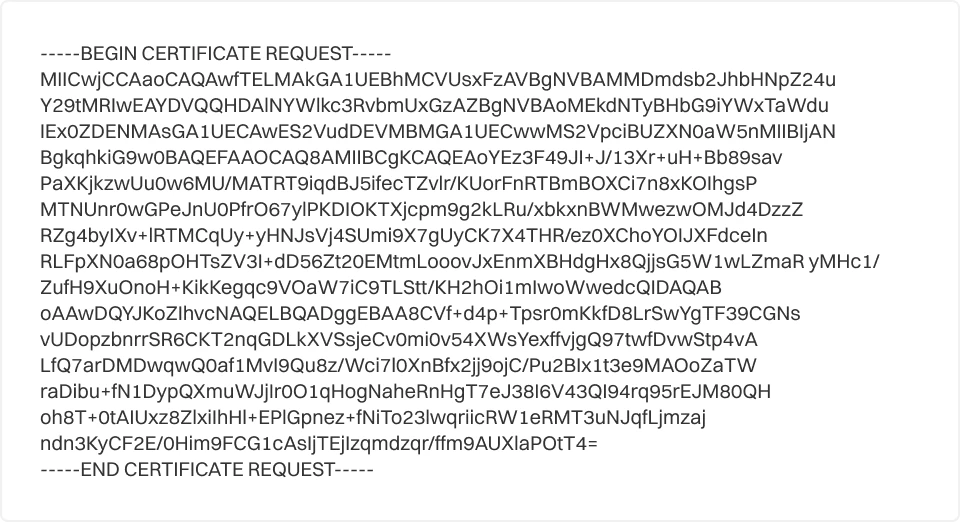 Vue texte d'une demande de signature de certificat (CSR) montrant un bloc de données de certificat encodées entre « BEGIN CERTIFICATE REQUEST » et « END CERTIFICATE REQUEST », utilisée pour la génération d'un certificat SSL.