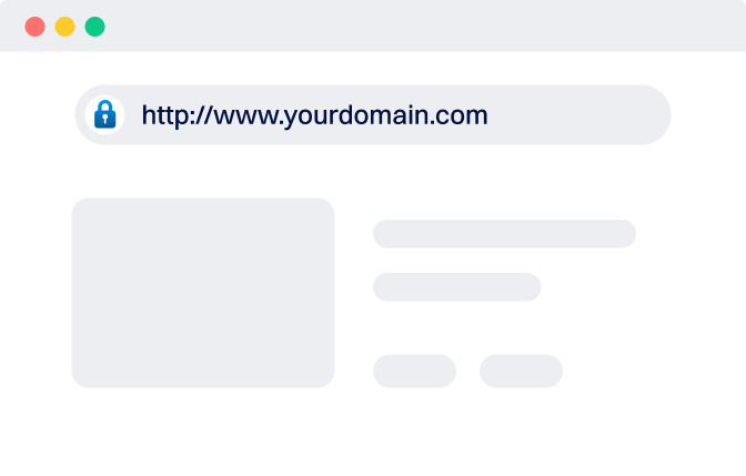 Maquette de fenêtre de navigateur montrant un site Web avec une barre d'adresse sécurisée, une icône de cadenas et une URL exemple « http://www.yourdomain.com », avec des blocs de contenu factices représentant une mise en page de page Web sécurisée.