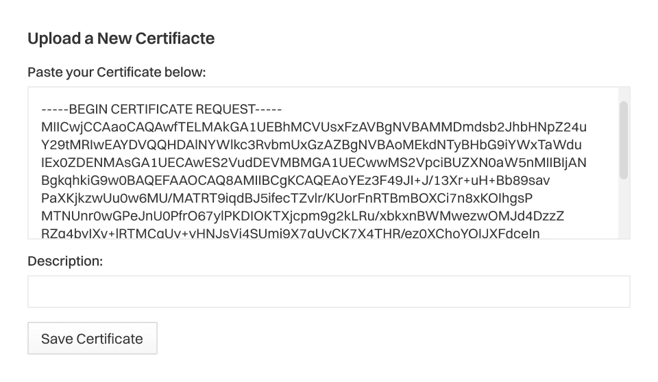 Interface pour télécharger un nouveau certificat SSL, montrant une zone de texte avec des données de certificat collées, un champ de description, et un bouton « Enregistrer le certificat ».