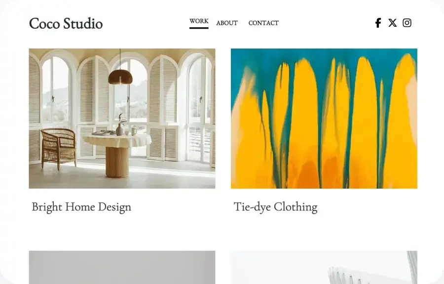 modèle de site web montrant un atelier d'art mettant en valeur ses pièces d'art en bol et sculpture