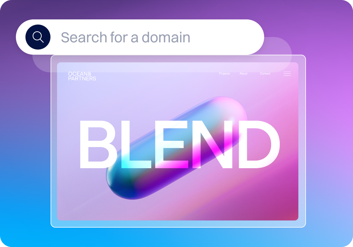 A stylized domain search banner showing a large search bar above a colorful website mockup with the word “BLEND” and a glossy 3D gradient shape on a purple-blue background.