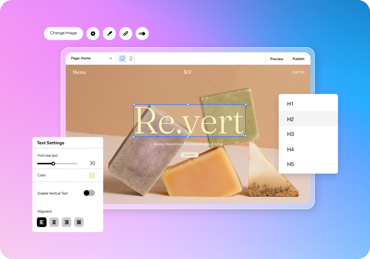 A colorful website builder interface showing a homepage editor with a selected “Re.vert” text element, text settings controls, heading style options, and a soft pink-to-blue gradient background.