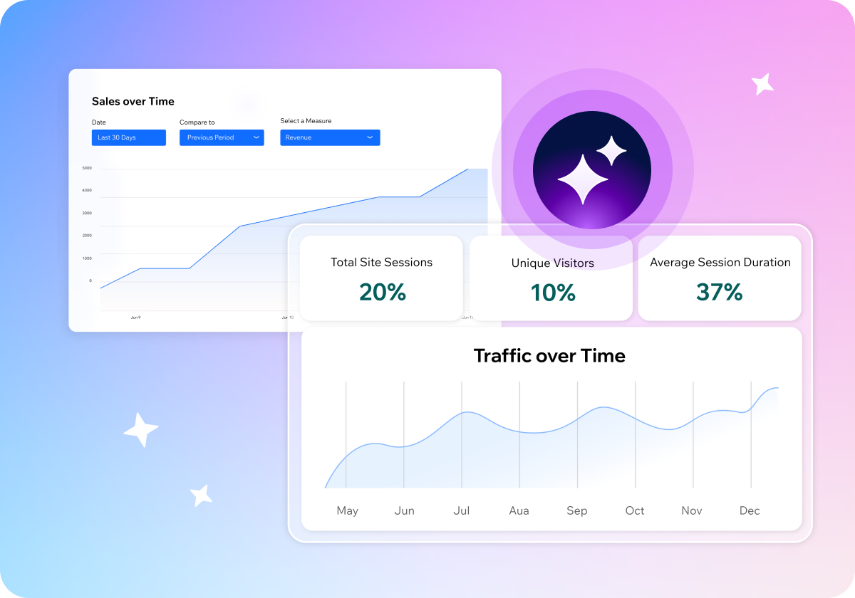 A colorful analytics dashboard illustration showing sales and traffic charts, metric cards for site sessions, unique visitors, and average session duration, set on a soft pink-to-blue gradient background with sparkle icons.