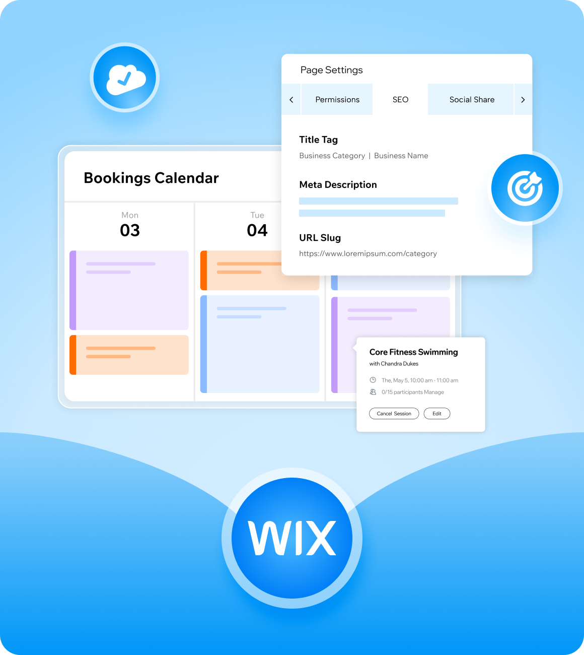 A blue Wix-themed illustration showing a bookings calendar, page settings panel with SEO fields, and a session details card, with cloud and target icons on a light blue background.