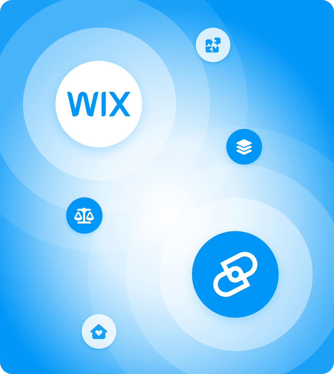 A blue Wix-themed illustration with the Wix logo inside a large white circle, surrounded by floating feature icons for integrations, layers, legal tools, home services, and linking on a soft circular gradient background.